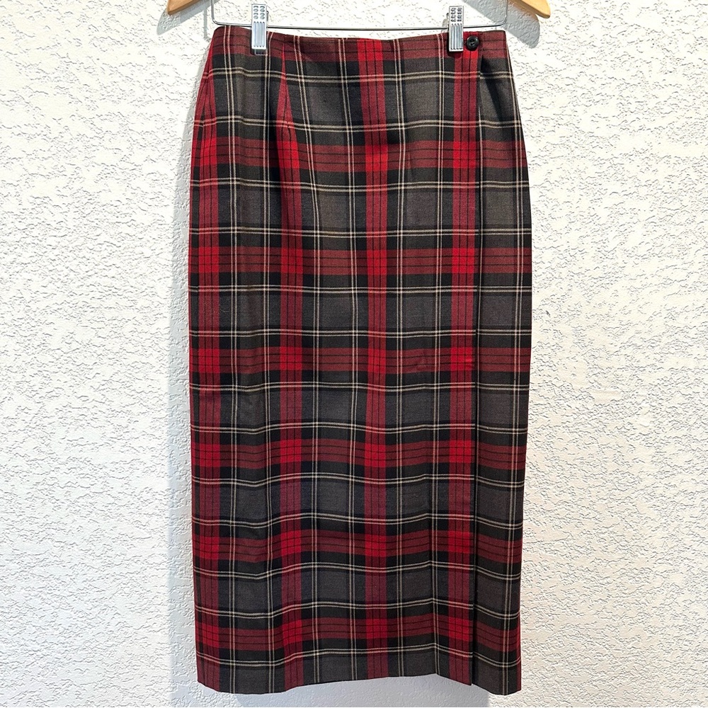 Charter Club Red Black Grey Plaid Tartan Pencil‎ True Wrap Maxi Skirt EUC